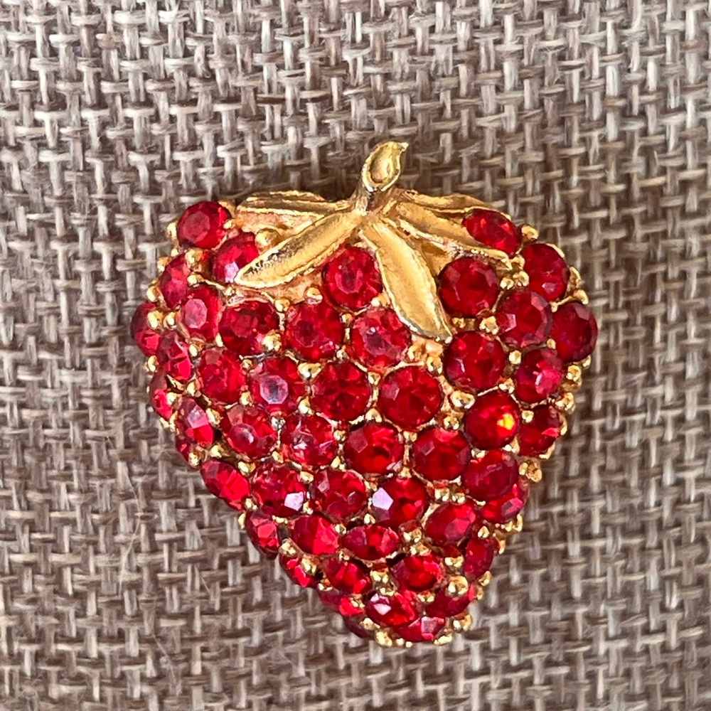 Gold and Red Crystal Strawberry Brooch